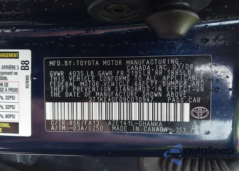 2009 Toyota Matrix S z USA, uszkodzony, nr VIN 2T1KE40E09C010947